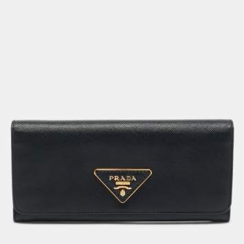 Prada Black Saffiano Metal Leather Triangle Logo Flap Continental Wallet