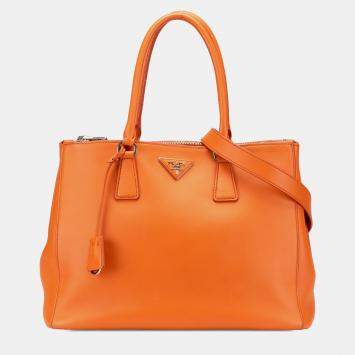 Pre Owned Prada Orange Medium Soft Calf Galleria Double Zip Tote
