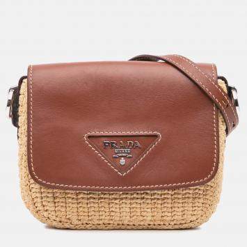 Prada Beige/Brown Raffia Vitello Flap Crossbody Shoulder Bag