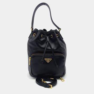 Prada Black Leather Soft Calf Bucket Tote and Crossbody Bag