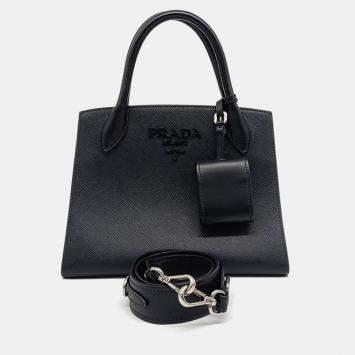 Prada Black Leather Saffiano Monochrome Tote and Shoulder Bag