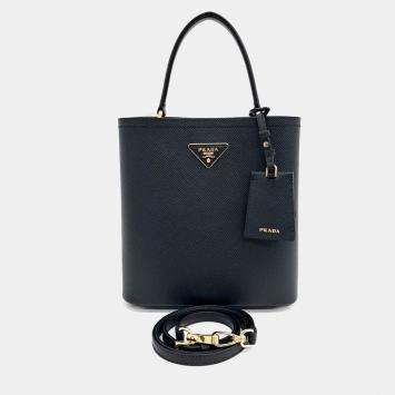 Prada Black Leather Saffiano Double Tote and Shoulder Bag