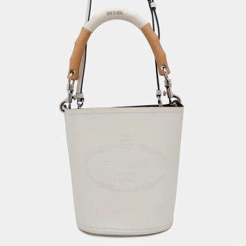 Prada Tambour White Leather Wood Bucket Bag