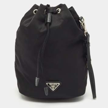 Prada Black Leather and Nylon Drawstring Wristlet Pouch