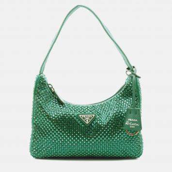 Prada Green Mini Satin Crystal Re Edition 2000 Shoulder Bag