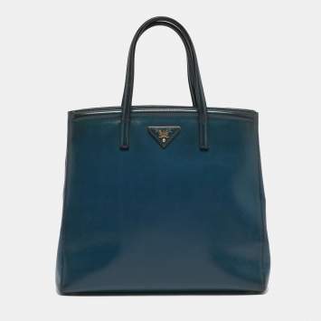 Pre Owned Prada Dark Blue Saffiano Vernic Leather Parabole Tote