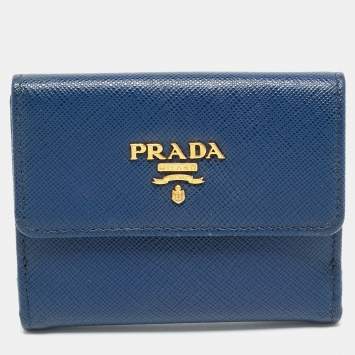 Prada Blue Saffiano Metal Leather French Compact Wallet