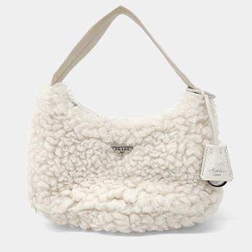 Prada White Wool Re-edition Terry Hobo Bag