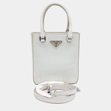 Pre Owned Prada White Leather small brushed tote bag