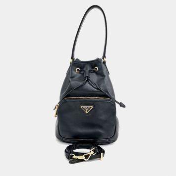 Prada Black Leather Light Calf Bucket Tote and Crossbody Bag
