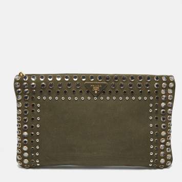 Prada Military Green Canvas Crystal Studded Clutch