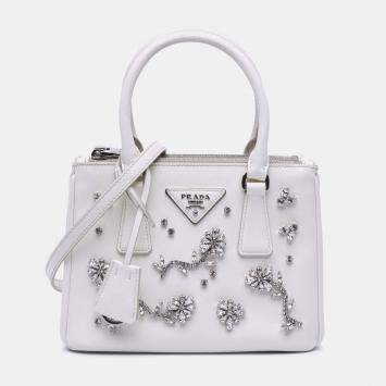 Prada White Mini Saffiano Lux Crystal Embellished Galleria Double Zip