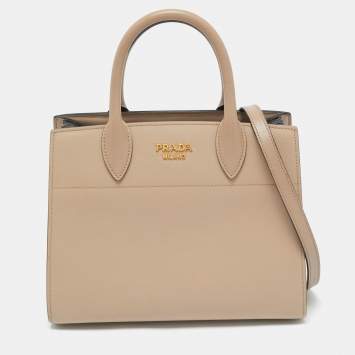 Prada Beige Saffiano Cuir Leather Bibliotheque Tote