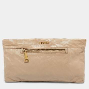 Pre Owned Prada Beige Leather Top Zip Clutch