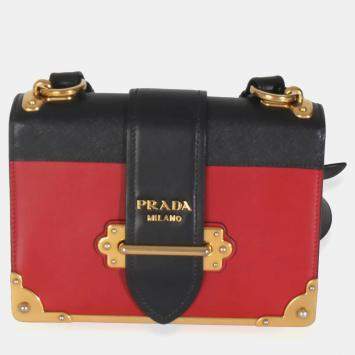 Prada Red Black City Calfskin Saffiano Cahier Bag