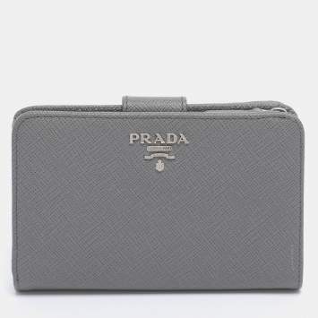 Prada Grey Saffiano Metal Leather Flap French Wallet