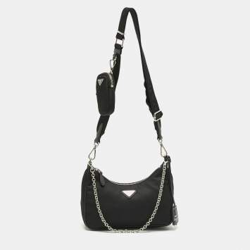 Pre Owned Prada Black Nylon and Saffiano Leather Re-Edition 2005 Shoulder Bag