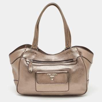 Prada Metallic Grey Leather Vitello Daino Front Pocket Shoulder Bag
