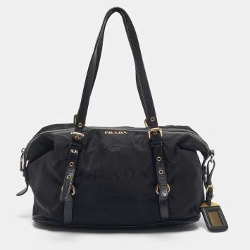 Pre Owned Prada Black Leather and Nylon Logo Buckle Satchel