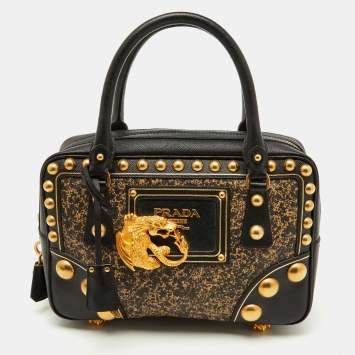 Pre Owned Prada Black Saffiano Leather Embellished Bauletto Bag