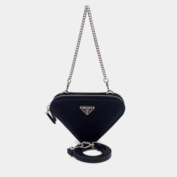 Prada Black Leather Saffiano Triangle Mini Pouch