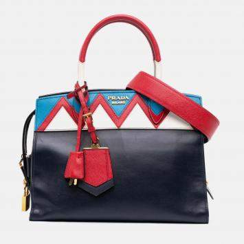 Pre Owned Prada Navy Blue Medium Saffiano Trimmed City Calf Greca Esplanade Satchel