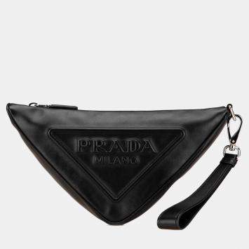 Pre Owned Prada Grace Lux Black Embossed Leather Triangle Wristlet Pouch