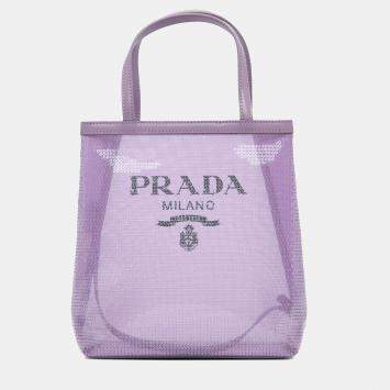 Pre Owned Prada Small Purple Sequined Mesh Logo Tote Bag