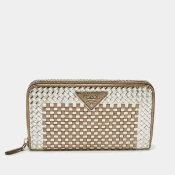 Pre Owned Prada Silver/Gold Woven Madras Leather Zip Continental Wallet