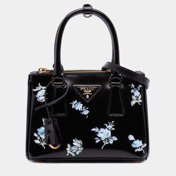 Pre Owned Prada Black Mini Brushed Leather Floral Print Galleria Double Zip Satchel