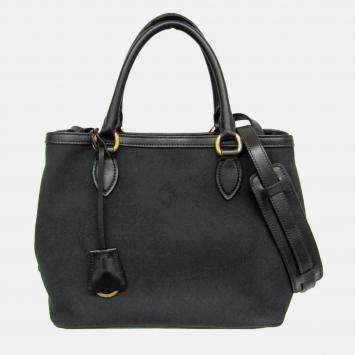 Pre Owned Prada Logo Jacquard Leather Handbag Black