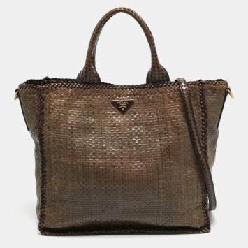 Pre Owned Prada Beige/Brown Woven Madras Leather Large Tote