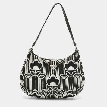 Pre Owned Prada Black/White Maglia Jacquard Fabric Cleo Shoulder Bag