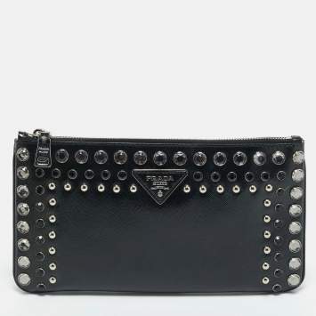 Pre Owned Prada Black Saffiano Vernice Patent Leather Embellished Clutch