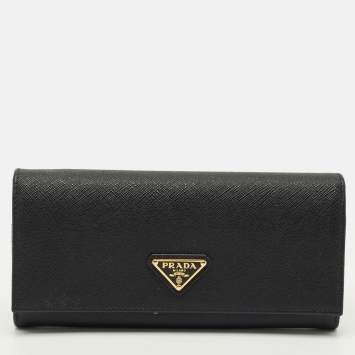 Pre Owned Prada Black Saffiano Metal Leather Triangle Logo Flap Continental Wallet