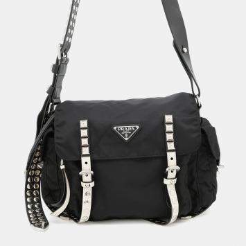 Pre Owned Prada Studded Black White Nylon Leather Shoulder Bag