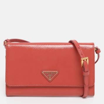 Pre Owned Prada Brick Red Patent Leather Logo Flap Wallet on Strap