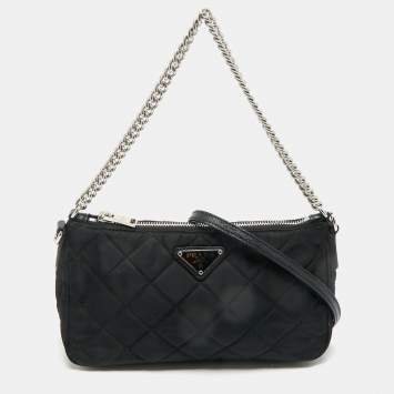 Pre Owned Prada Black Quilted Nylon and Leather Convertible Crossbody Bag
