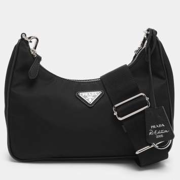 Pre Owned Prada Black Nylon and Saffiano Leather Re-Edition 2005 Baguette Bag