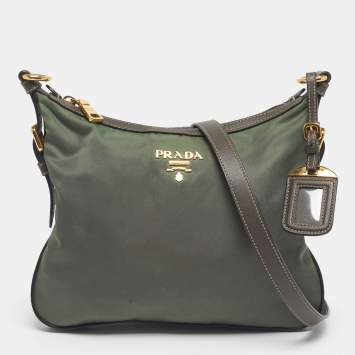 Pre Owned Prada Green/Brown Leather and Nylon Logo Crossbody Bag