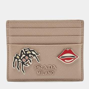 Pre Owned Prada Beige Saffiano Metal Leather Embellished Card Holder