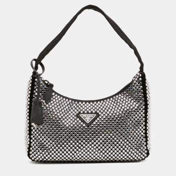 Pre Owned Prada Black Mini Satin Crystal Re Edition 2000 Shoulder Bag
