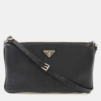 Pre Owned Prada Soft Grain Shoulder Bag Leather Black
