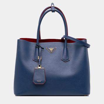 Pre Owned Prada Blue Medium Saffiano Cuir Double Satchel