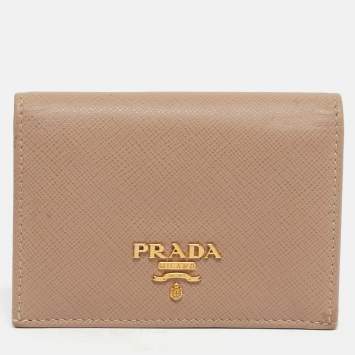مملوكة مسبقًا Prada Beige Saffiano Metal Leather Bifold Card Case