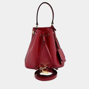 Pre Owned Prada Red Leather Saffiano Bucket Tote and Crossbody Bag