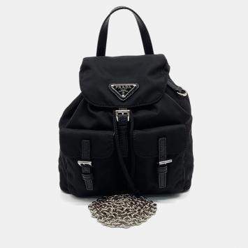 Pre Owned Prada Black Nylon Mini Backpack Chain Crossbody Bag