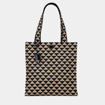 Pre Owned Prada Brown Embroidered Canvas Triangolo Symbole Shopping Tote