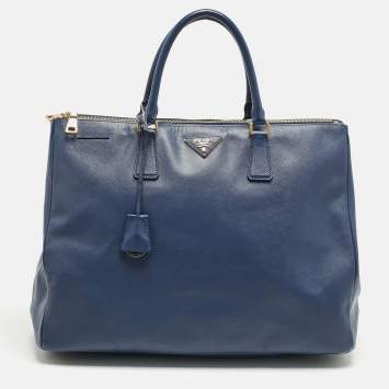 Pre Owned Prada Navy Blue Saffiano Leather Executive Double Zip Tote