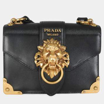 Pre Owned Prada Black Antic Soft Saffiano Lions Head Cahier Shoulder Bag